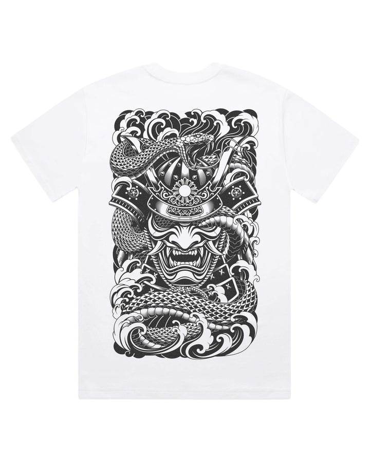 white oversized graphic t-shirt with a detailed dragon and samurai mask print on the back on a white background