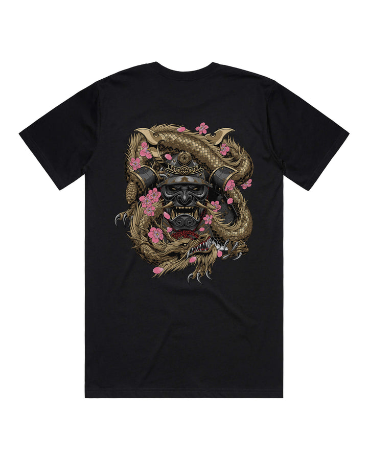 Black graphic t-shirt with large dragon coiling around a samurai mask