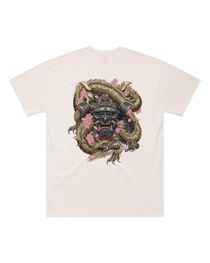Back view of Japanese Samurai Mens Oversized Tee in Bone