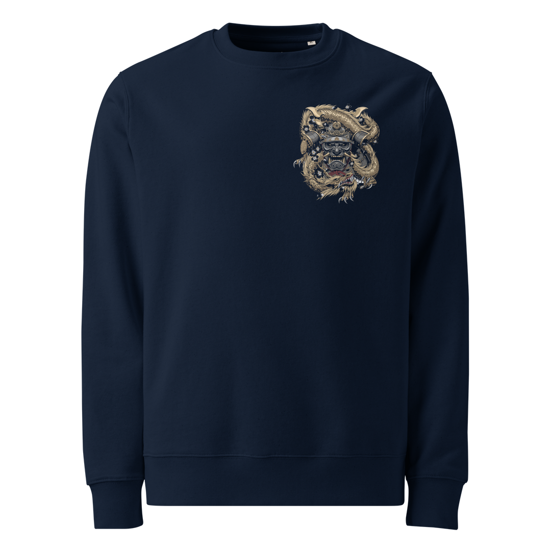 French Navy Samurai Mask Embraced Graphic Sweatshirt with a samurai mask and dragon, inspired by traditional Japanese Irezumi tattoo art