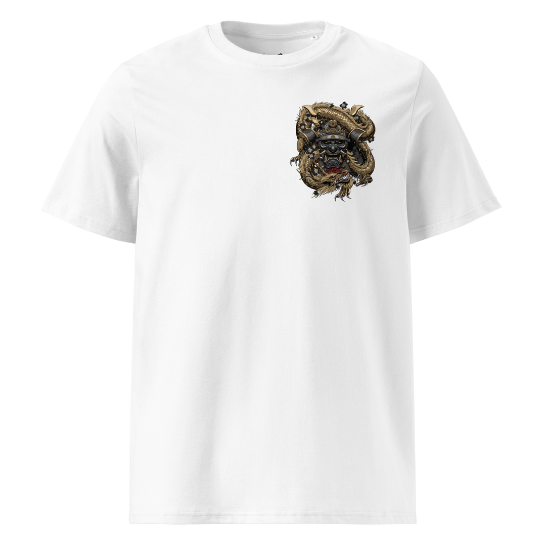 White Samurai Mask Embraced Graphic Tee featuring a left chest print of a Samurai mask coiled by a dragon, blending Japanese tattoo art with streetwear fashion