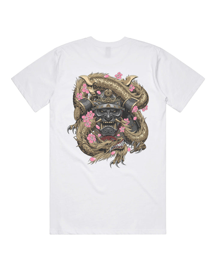 White graphic t-shirt with large dragon coiling around a samurai mask