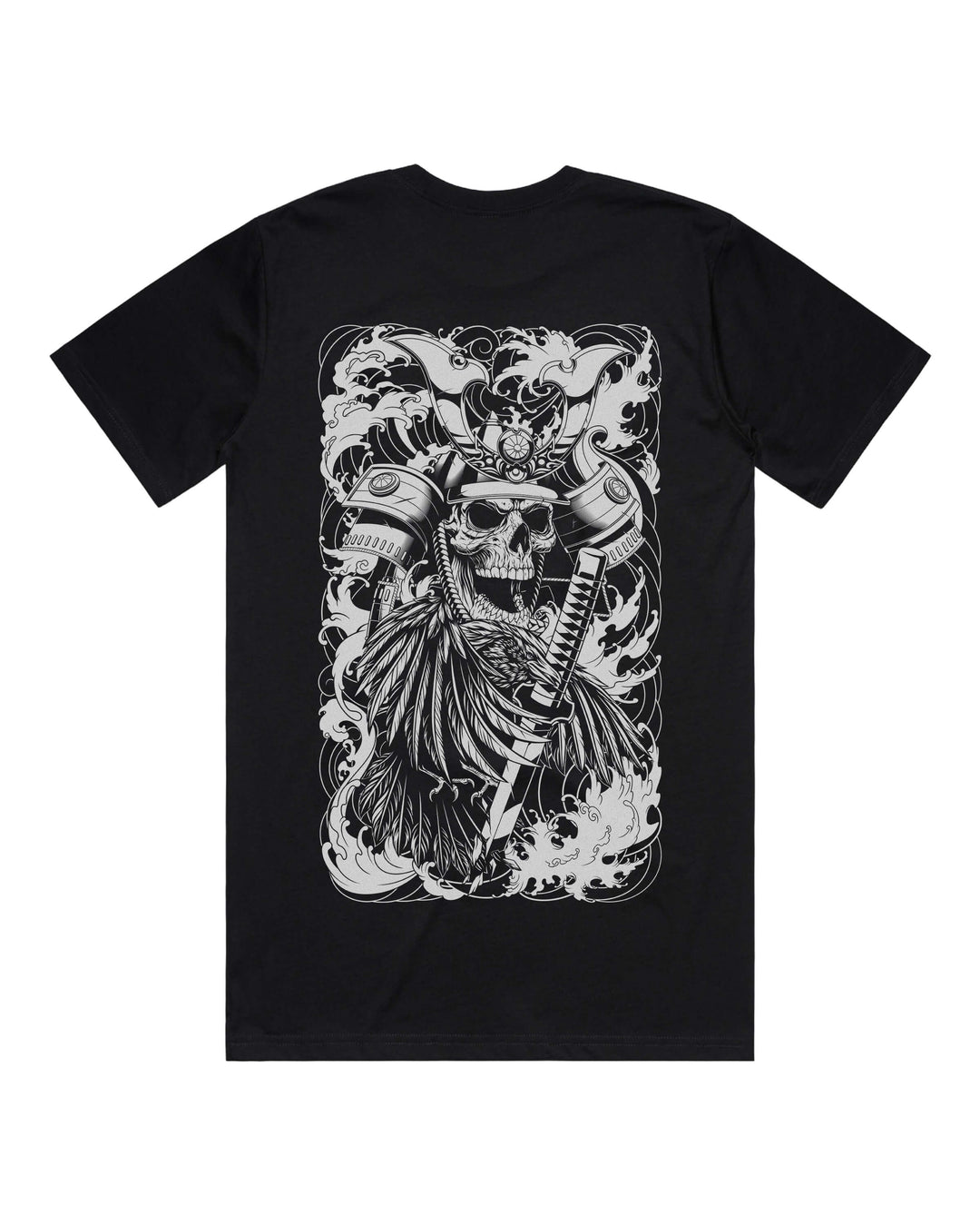 Black graphic t-shirt with large irezumi skeletal shogun back print