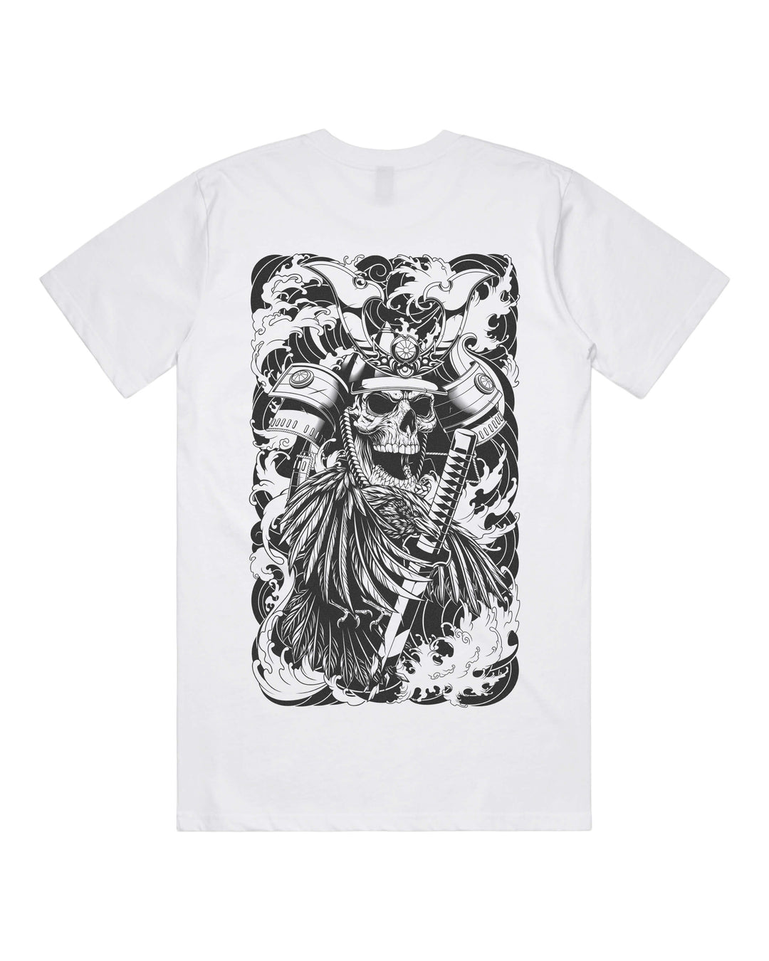 White graphic t-shirt with large irezumi skeletal shogun back print