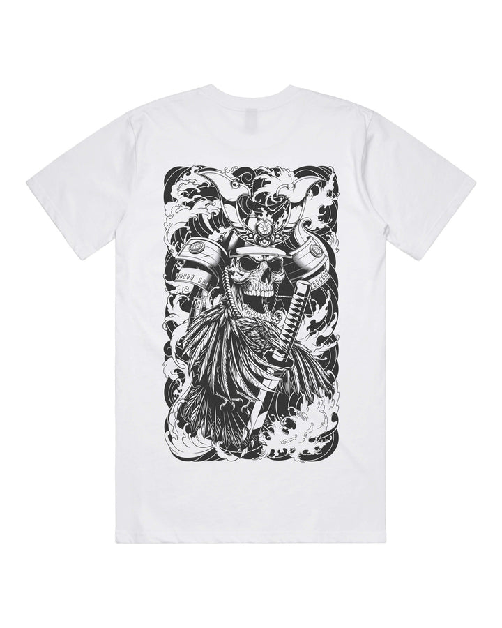 White graphic t-shirt with large irezumi skeletal shogun back print
