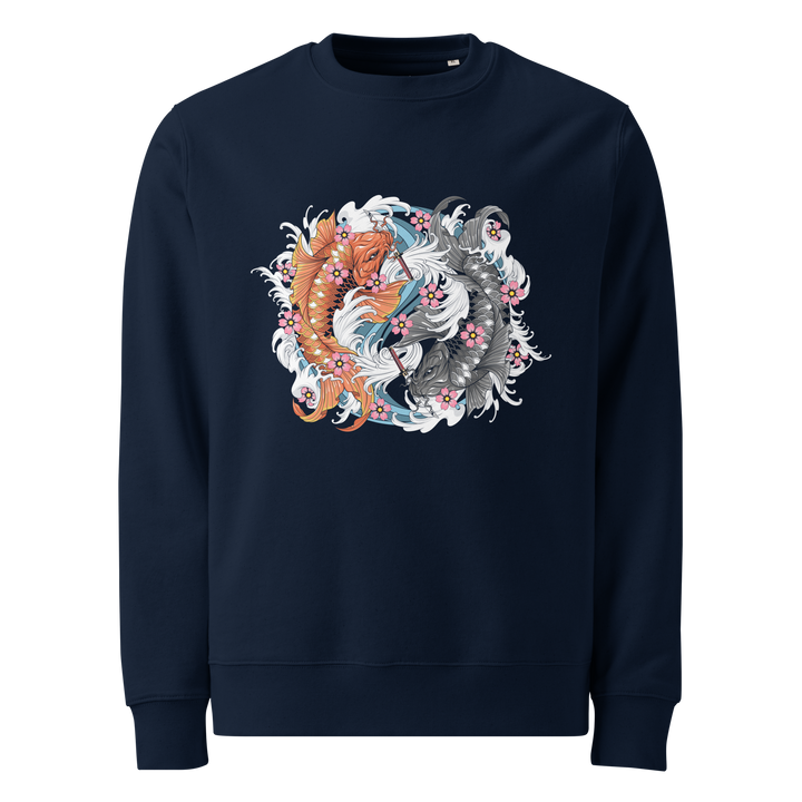 French Navy Samurai Swimmers Graphic Sweatshirt featuring koi fish in a yin-yang formation inspired by Japanese Irezumi tattoo art