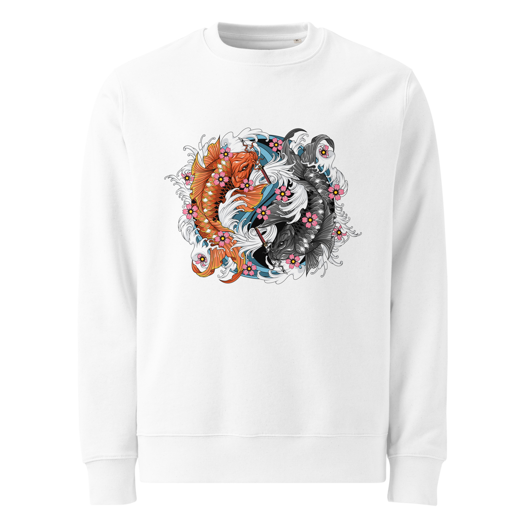 White Samurai Swimmers Graphic Sweatshirt with koi fish in a yin-yang design, blending Japanese tattoo art with streetwear fashion