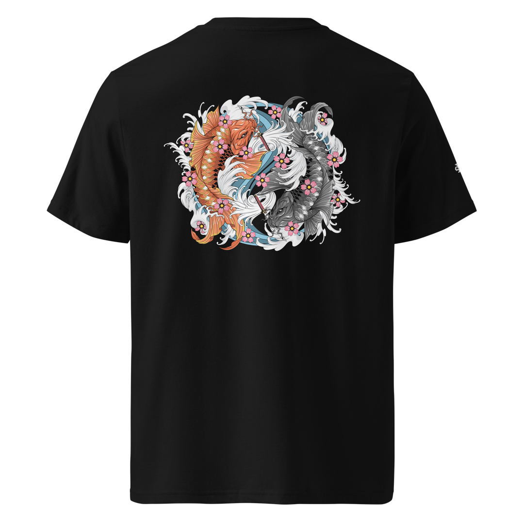 Black Samurai Swimmers Graphic Tee featuring a back print of two koi fish in a yin-yang formation with daggers, inspired by Japanese Irezumi art