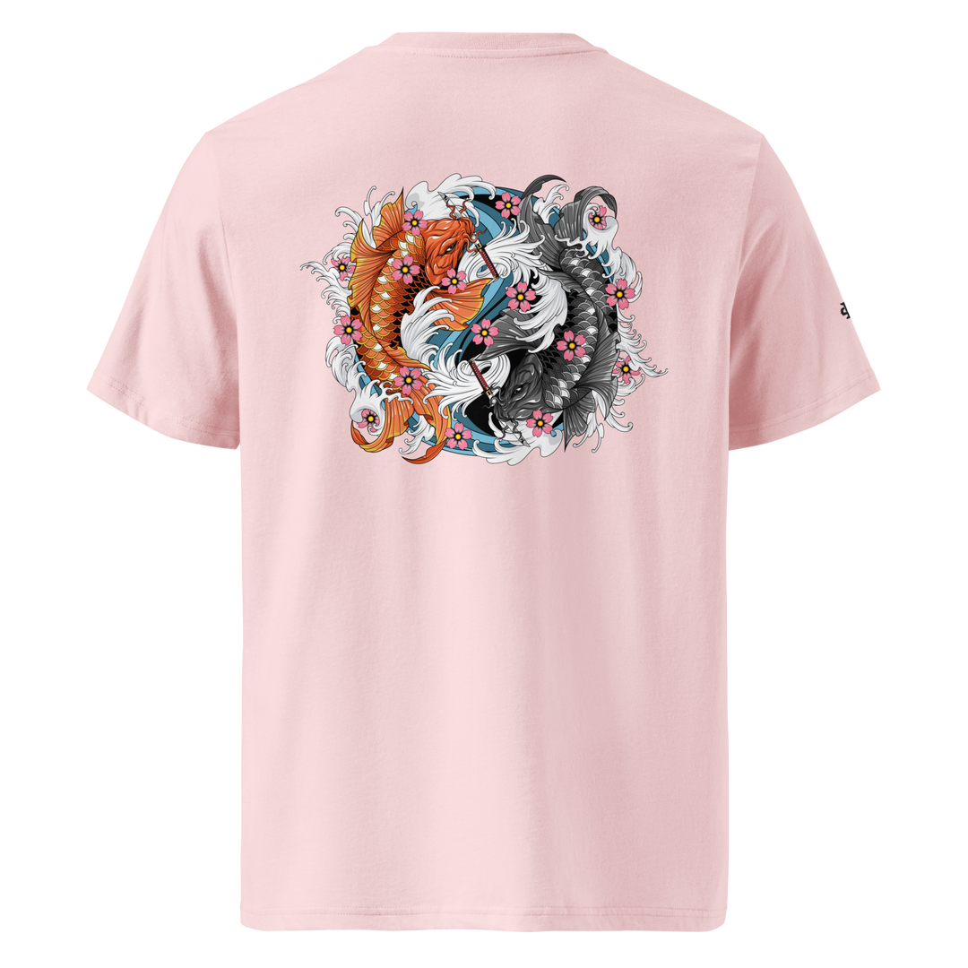 Cotton Pink Samurai Swimmers Graphic Tee featuring a back print of two koi fish in yin-yang formation with daggers, inspired by Japanese Irezumi tattoo art