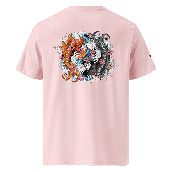 Cotton Pink Samurai Swimmers Graphic Tee featuring a back print of two koi fish in yin-yang formation with daggers, inspired by Japanese Irezumi tattoo art