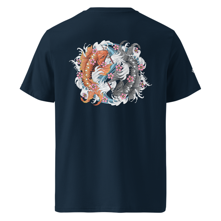 French Navy Samurai Swimmers Graphic Tee featuring a back print of koi fish in yin-yang formation with daggers, inspired by Japanese Irezumi art