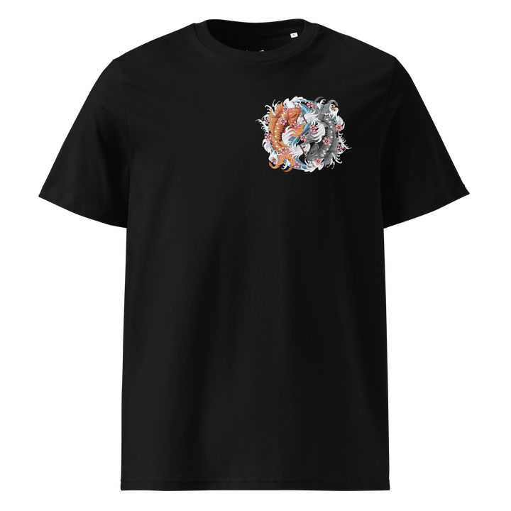 Black Samurai Swimmers Graphic Tee with a left chest print of koi fish in a yin-yang formation, inspired by Japanese Irezumi art