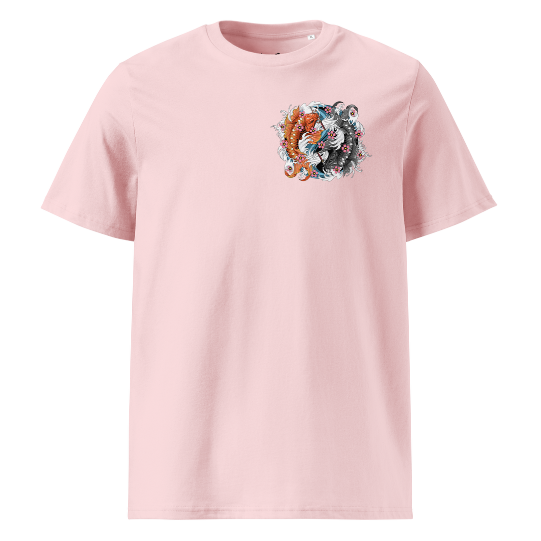 Cotton Pink Samurai Swimmers Graphic Tee featuring a left chest print of koi fish in yin-yang formation, blending Japanese Irezumi symbolism with streetwear