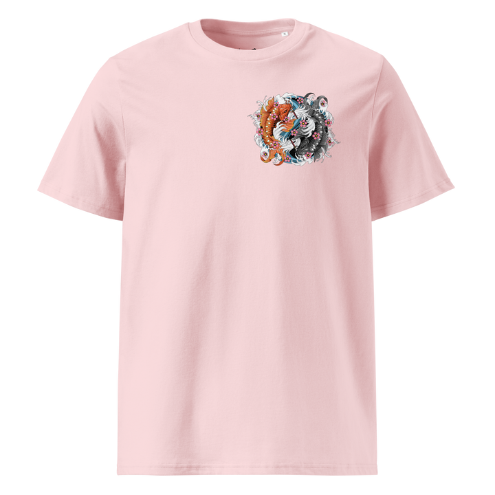 Cotton Pink Samurai Swimmers Graphic Tee featuring a left chest print of koi fish in yin-yang formation, blending Japanese Irezumi symbolism with streetwear