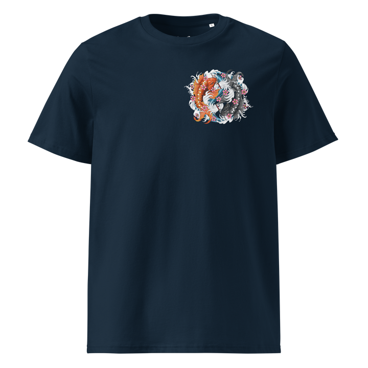 French Navy Samurai Swimmers Graphic Tee with a left chest print of koi fish gripping daggers in yin-yang formation, inspired by Japanese tattoo art