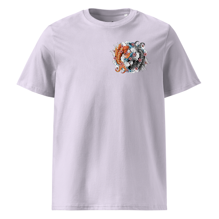 Lavender Samurai Swimmers Graphic Tee featuring a left chest print of koi fish with daggers, inspired by traditional Japanese tattoo art