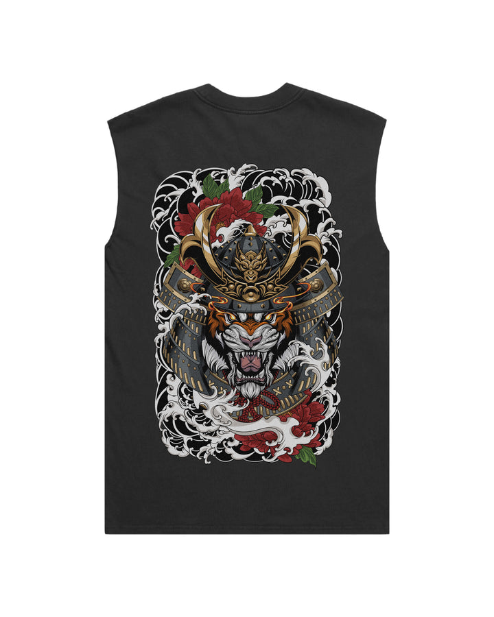 Faded black tank top with large samurai tiger print on the back