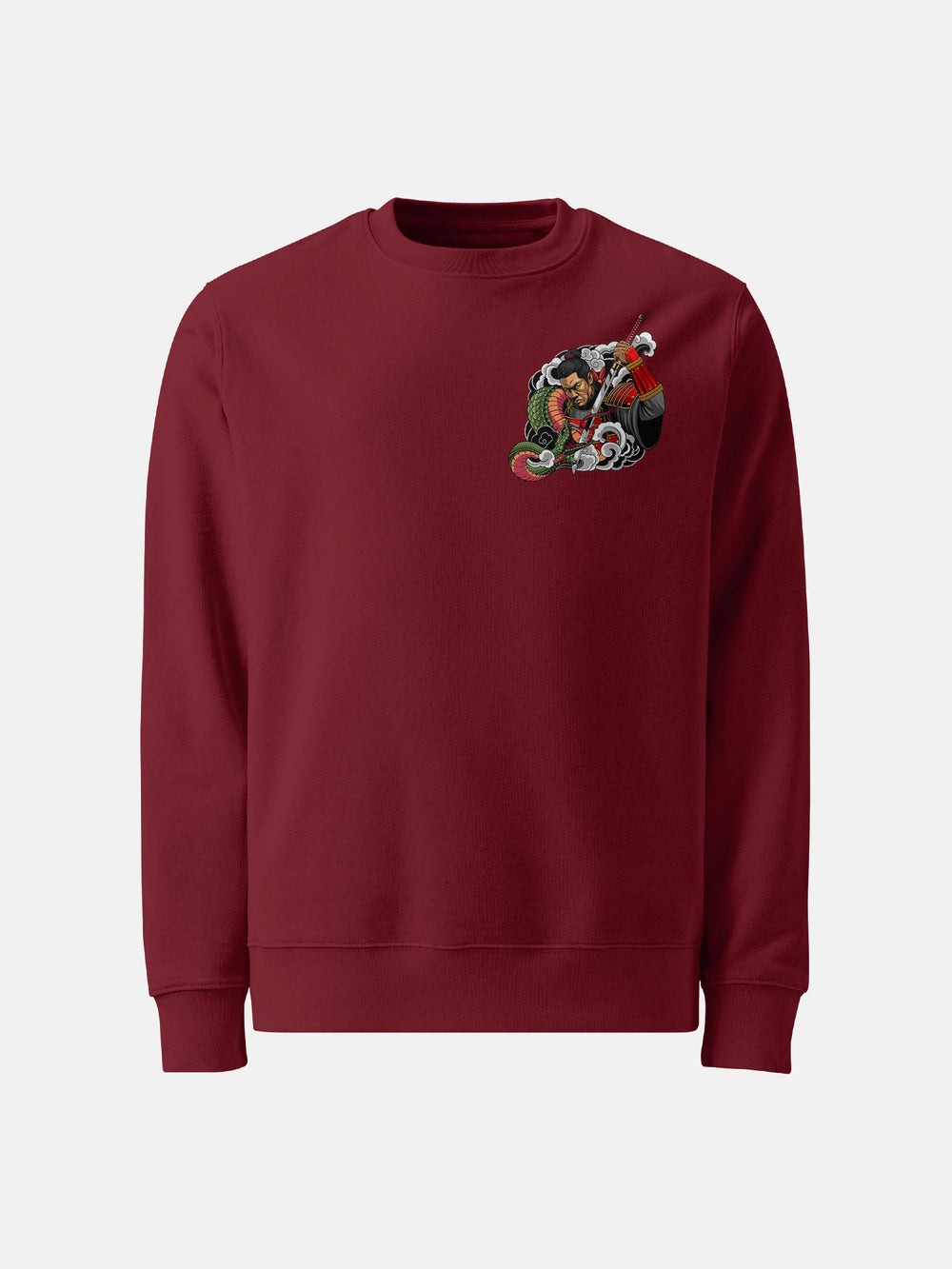 burgundy sweatshirt with Small front left chest print of samurai and snake entangled in Irezumi tattoo art style