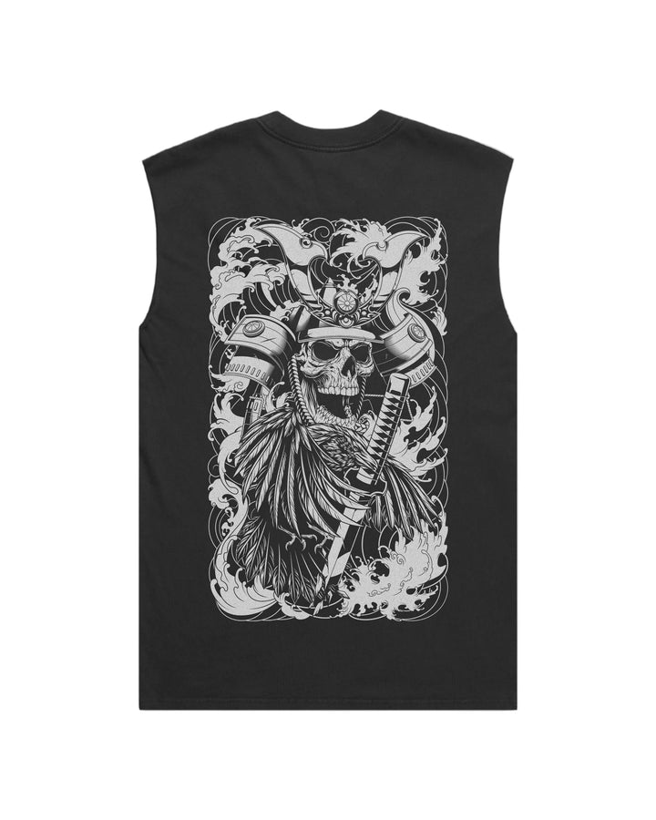 faded black tank top with large dtg printed white tattoo inspired samurai skull on the back