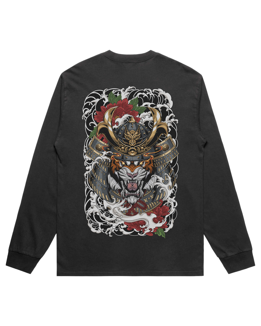 A black long-sleeve t-shirt shown from the back, featuring a large, detailed graphic print of a samurai warrior's helmet, a tiger, red roses, and white waves.