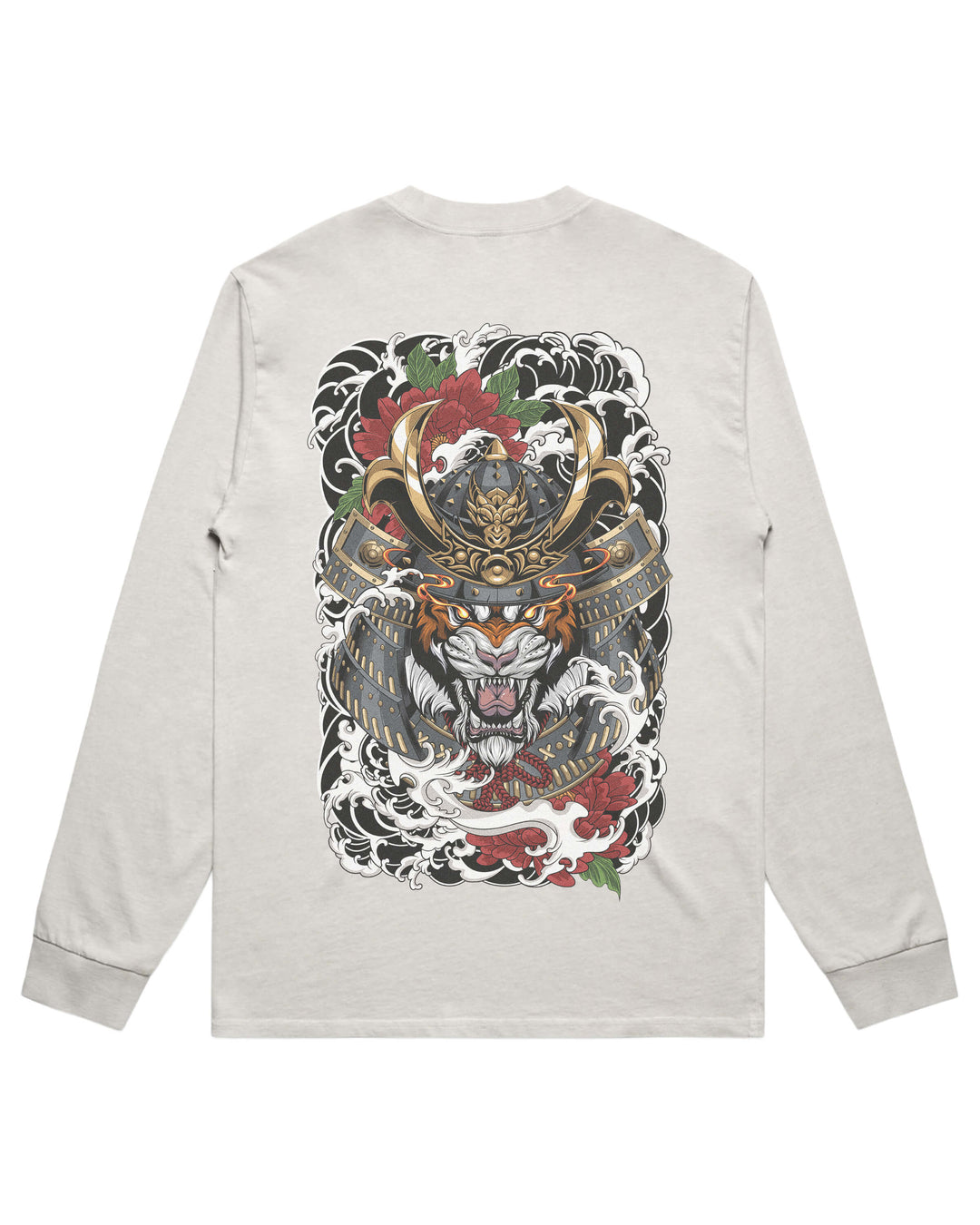 Faded bone long-sleeve t-shirt shown from the back, featuring a large, detailed graphic print of a samurai warrior helmet, waves, a tiger, and red roses.