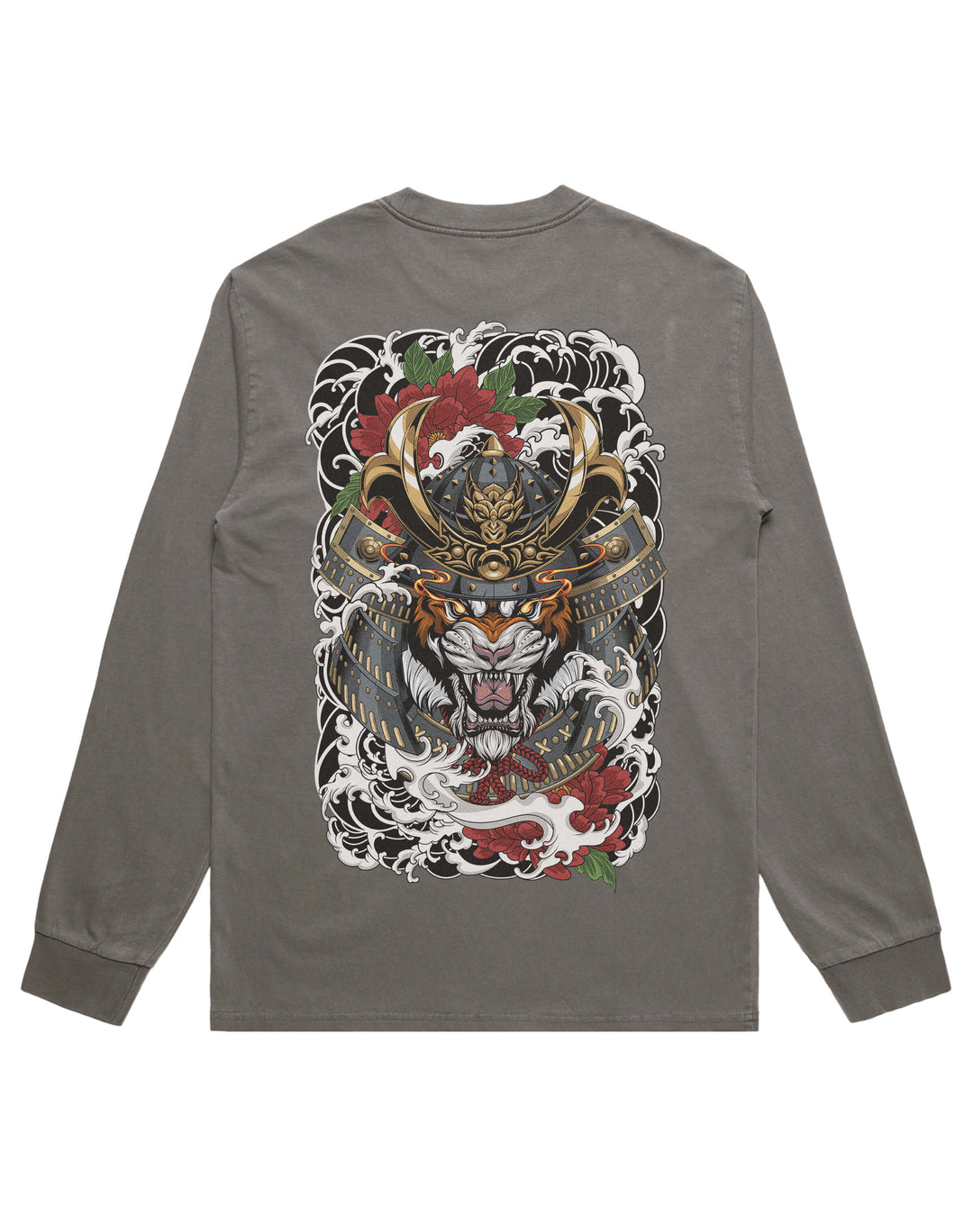 A long-sleeve t-shirt in a faded gray color, shown from the back. It features a large, detailed graphic print of a samurai helmet and tiger surrounded by waves and red roses.