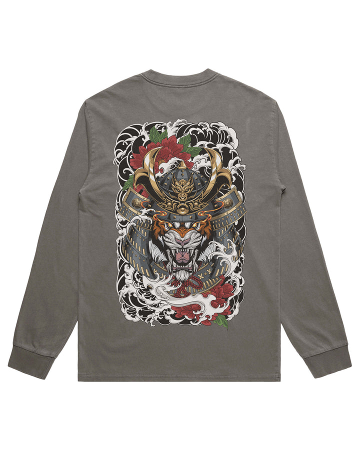 A long-sleeve t-shirt in a faded gray color, shown from the back. It features a large, detailed graphic print of a samurai helmet and tiger surrounded by waves and red roses.