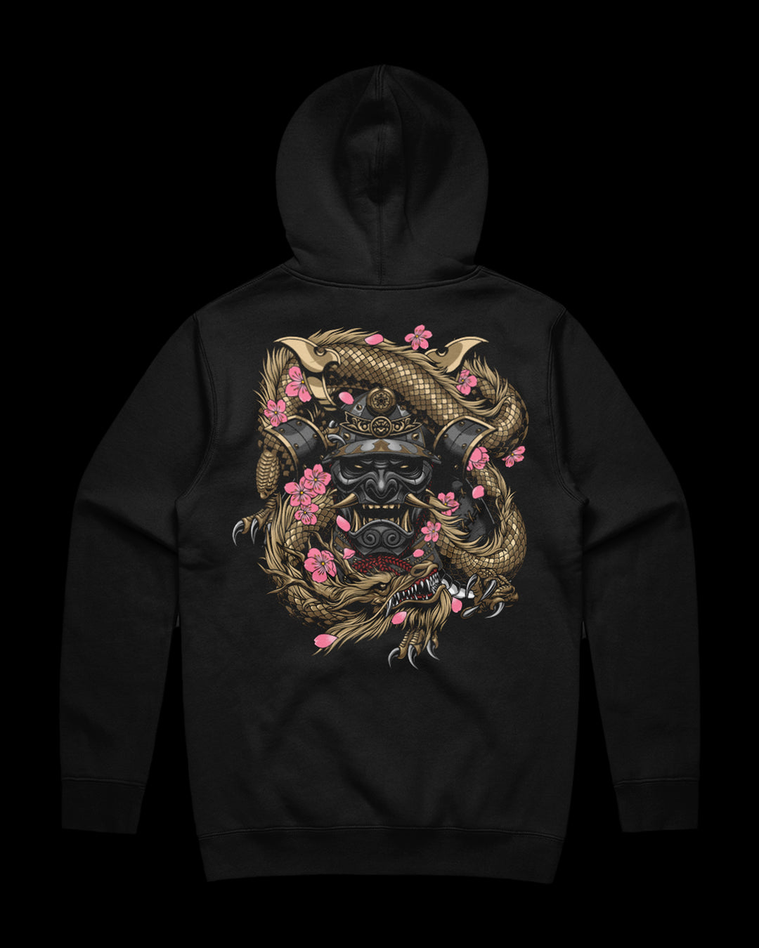 Black hoodie with a dragon and samurai design on the back.