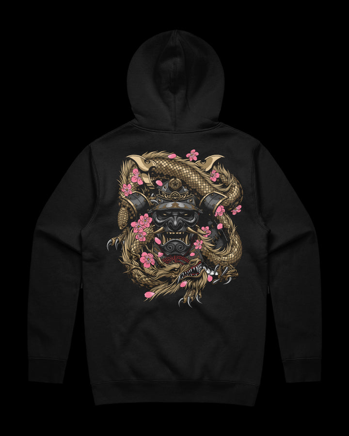 Black hoodie with a dragon and samurai design on the back.