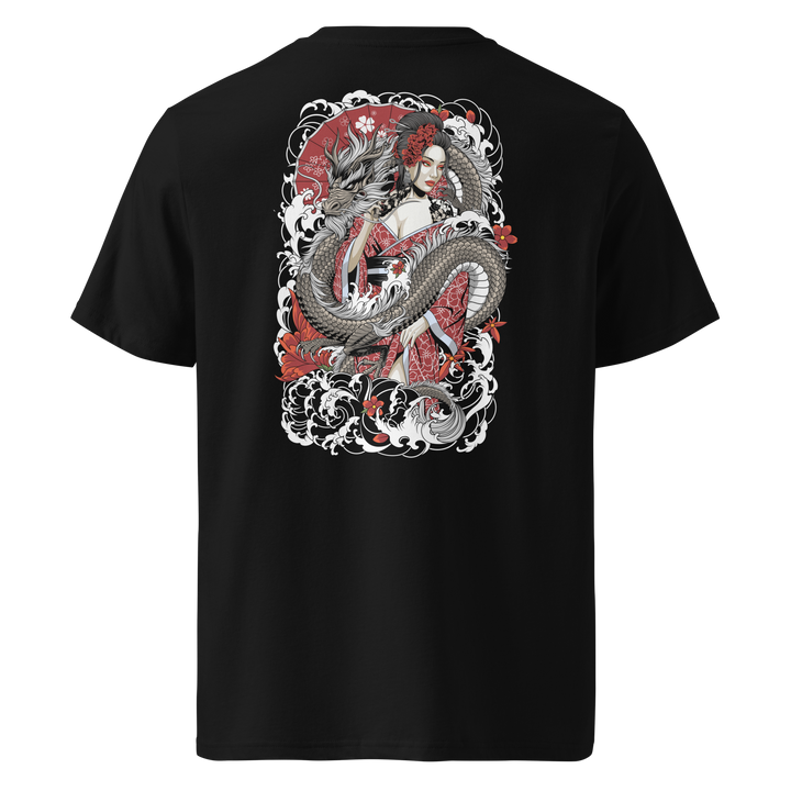 A black t-shirt featuring a detailed back print of a Geisha in a red kimono entwined with a fierce dragon, surrounded by Irezumi-style waves and floral accents.