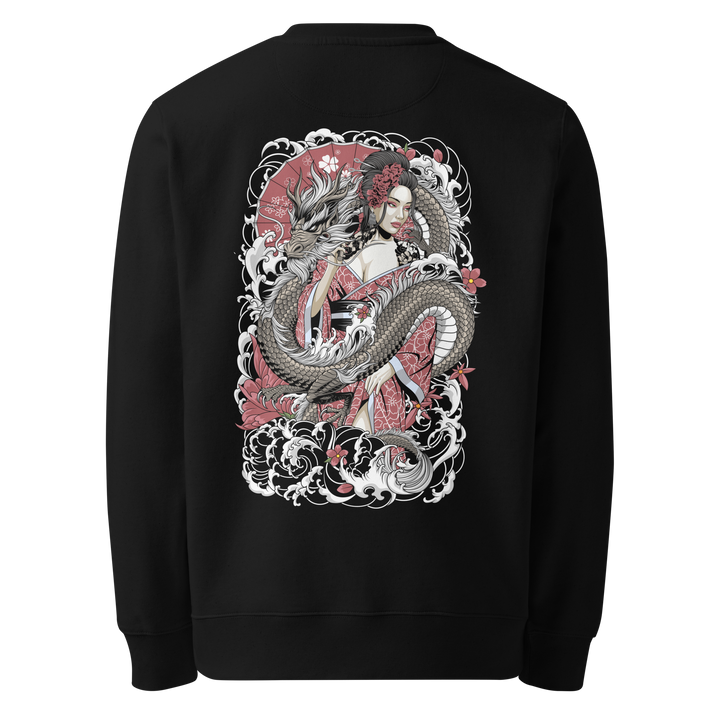 A black sweatshirt featuring a detailed back design of a silver dragon entwined with a Geisha in a scarlet red kimono, surrounded by waves and floral motifs inspired by Japanese tattoo art.