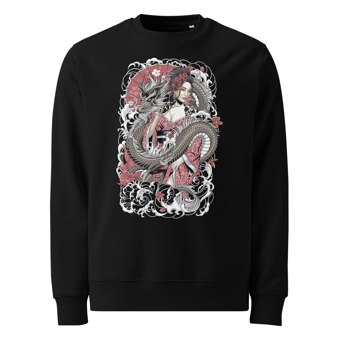 A black sweatshirt featuring a striking Scarlet Geisha design on the front, showcasing a detailed Japanese geisha entwined with a scarlet dragon in traditional Irezumi tattoo style. The vibrant red tones and intricate artistry create a bold and captivating statement piece.