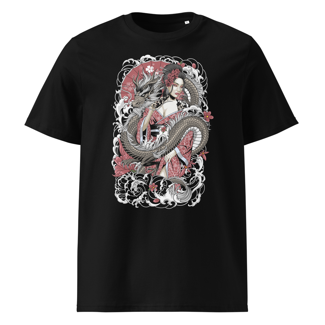 Scarlet Geisha front print on a black t-shirt, showcasing a geisha entwined with a scarlet-toned dragon surrounded by intricate waves and cherry blossoms.