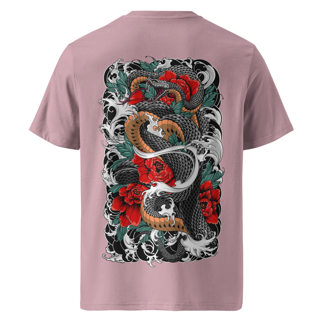 Serpents Bloom Lilac Dream Tee – Back view of a lilac midweight 180gsm t-shirt featuring a Japanese Irezumi-inspired snake design entwined with red peonies and crashing waves. Made from premium organic cotton with a bold back print.