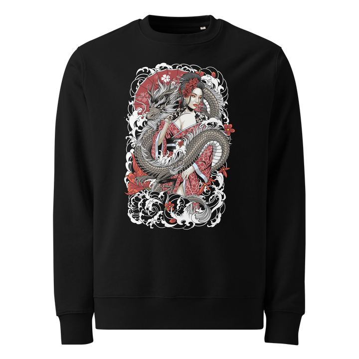 Black Serpentine Grace Graphic Sweatshirt featuring a coiled dragon and Geisha, inspired by Japanese Irezumi tattoo art