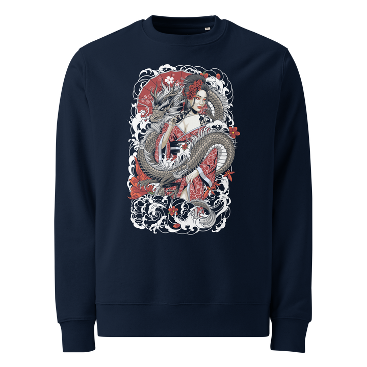 French Navy Serpentine Grace Graphic Sweatshirt featuring a coiled dragon and Geisha, inspired by traditional Japanese Irezumi art