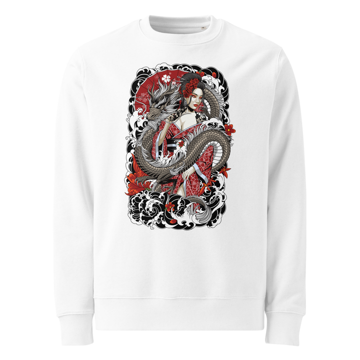 White Serpentine Grace Graphic Sweatshirt with a bold back print of a dragon entwined around a Geisha, blending streetwear and Japanese tattoo symbolism