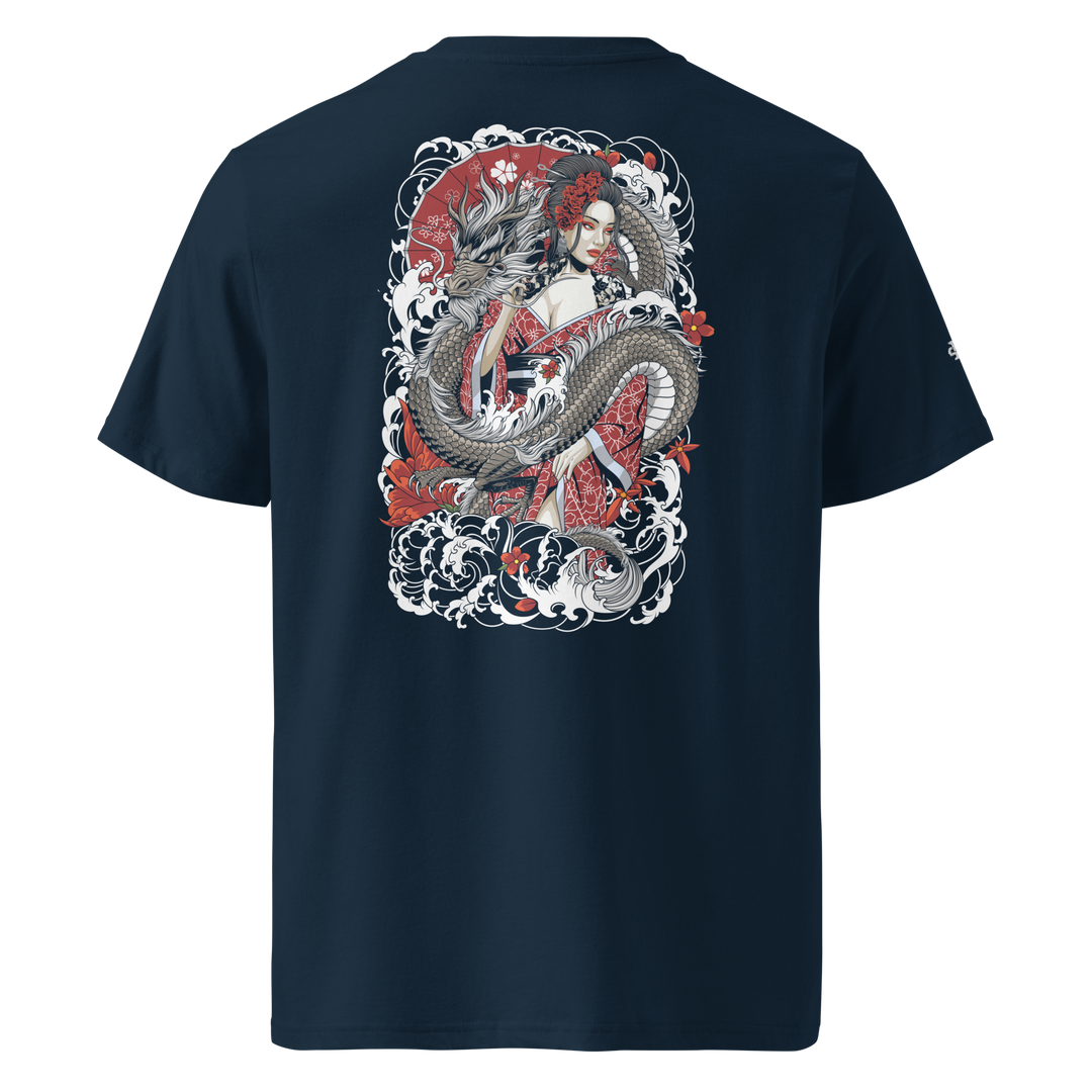 French Navy Serpentine Grace Graphic Tee featuring a back print of a coiled dragon and Geisha, inspired by traditional Japanese tattoo art