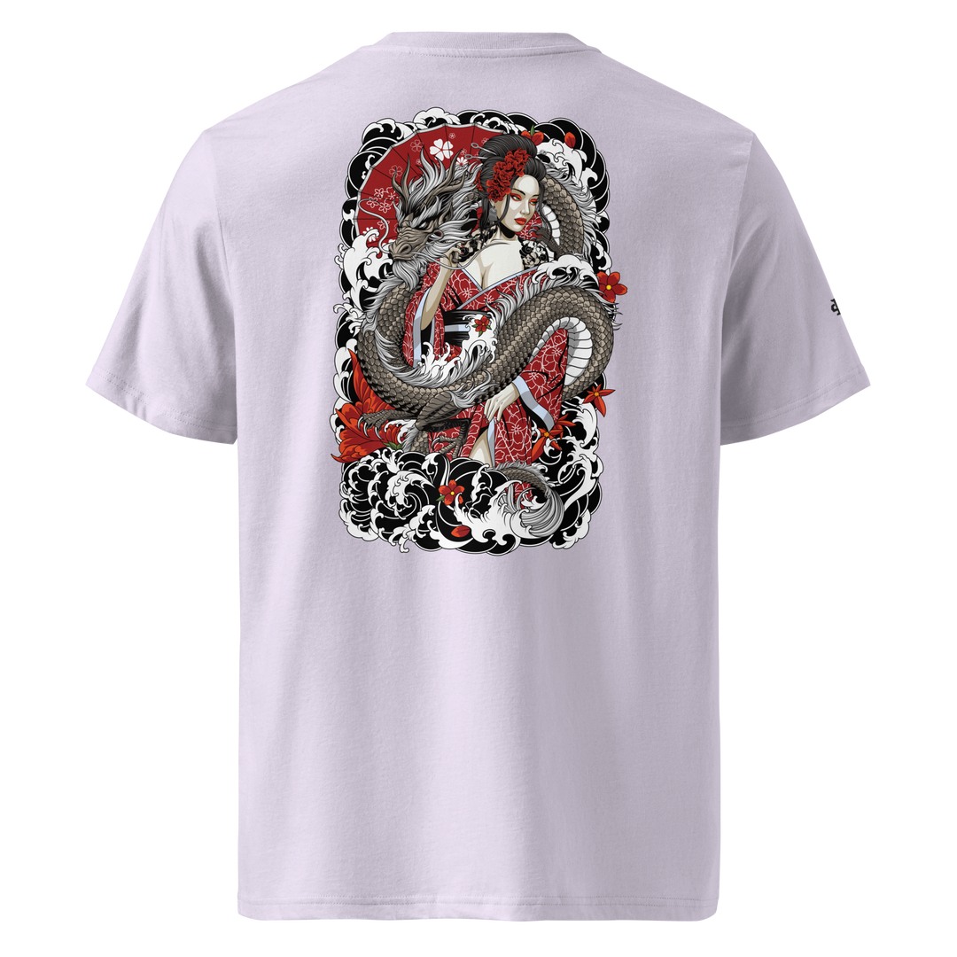 Lavender Serpentine Grace Graphic Tee featuring a back print of a dragon coiled around a Geisha, blending Irezumi symbolism with streetwear fashion