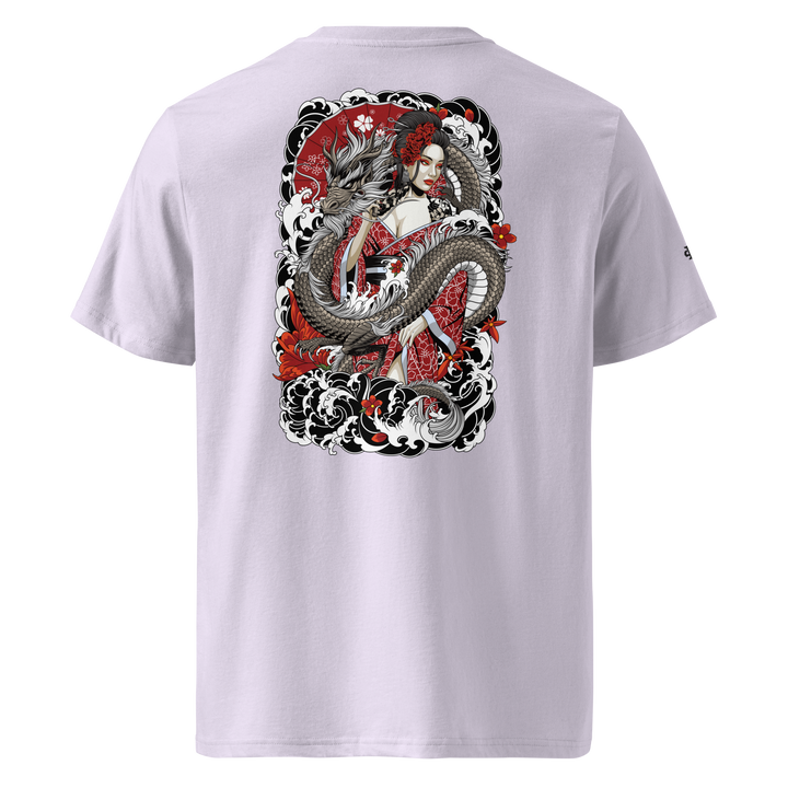 Lavender Serpentine Grace Graphic Tee featuring a back print of a dragon coiled around a Geisha, blending Irezumi symbolism with streetwear fashion