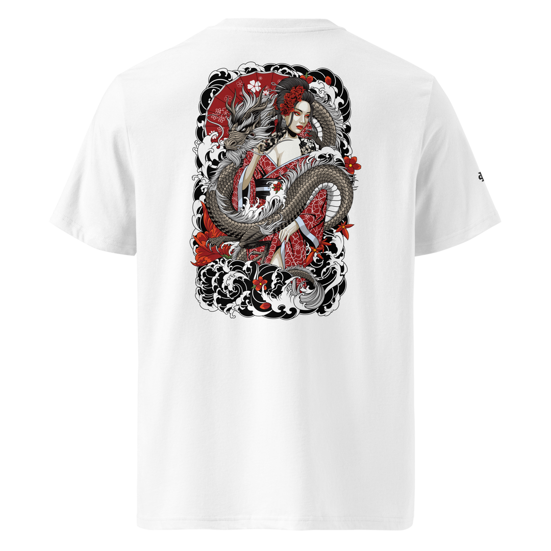 White Serpentine Grace Graphic Tee with a detailed back print of a dragon and Geisha, blending Japanese tattoo art with streetwear