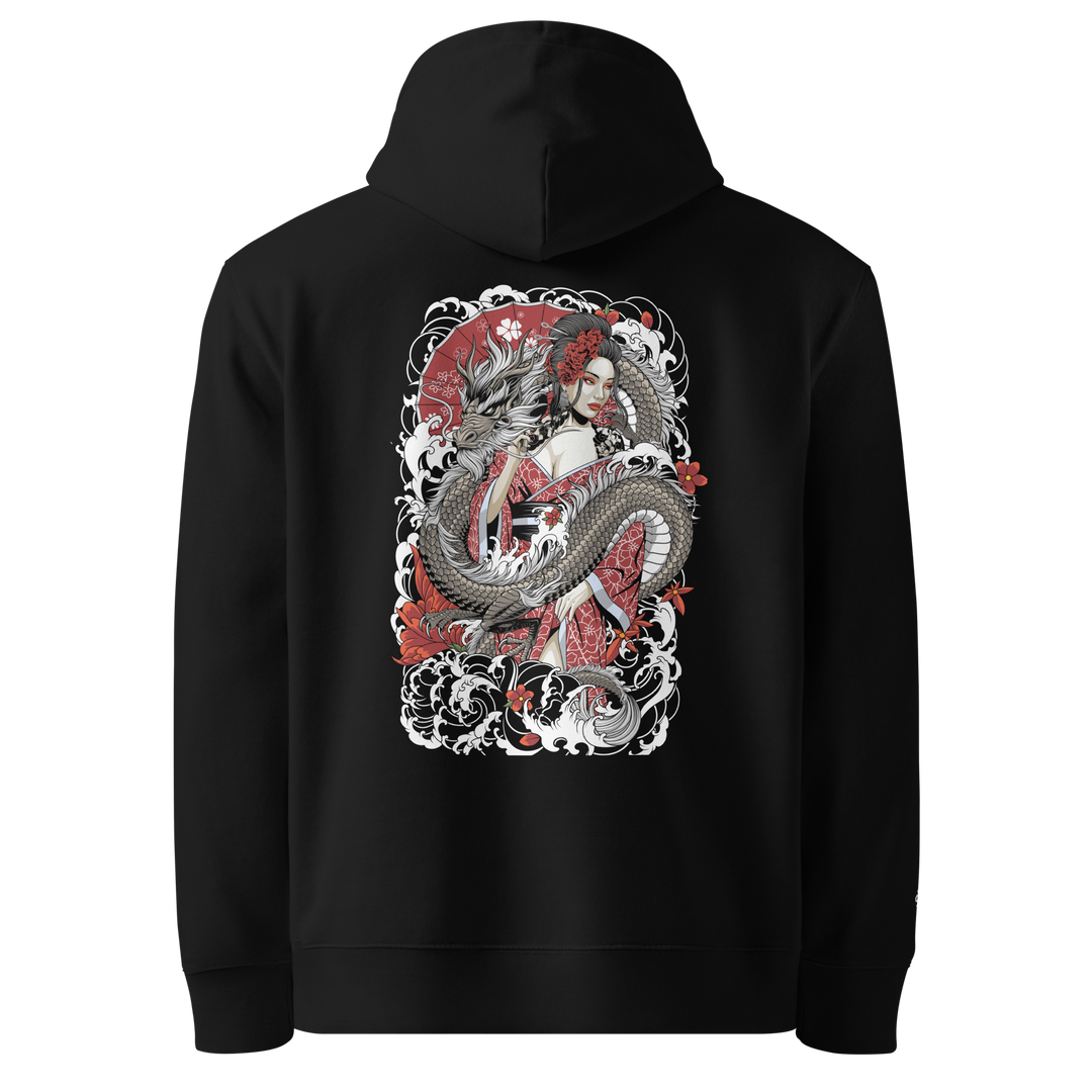 Serpentine Grace Graphic Hoodie in Black with a striking back print of a Geisha and dragon.