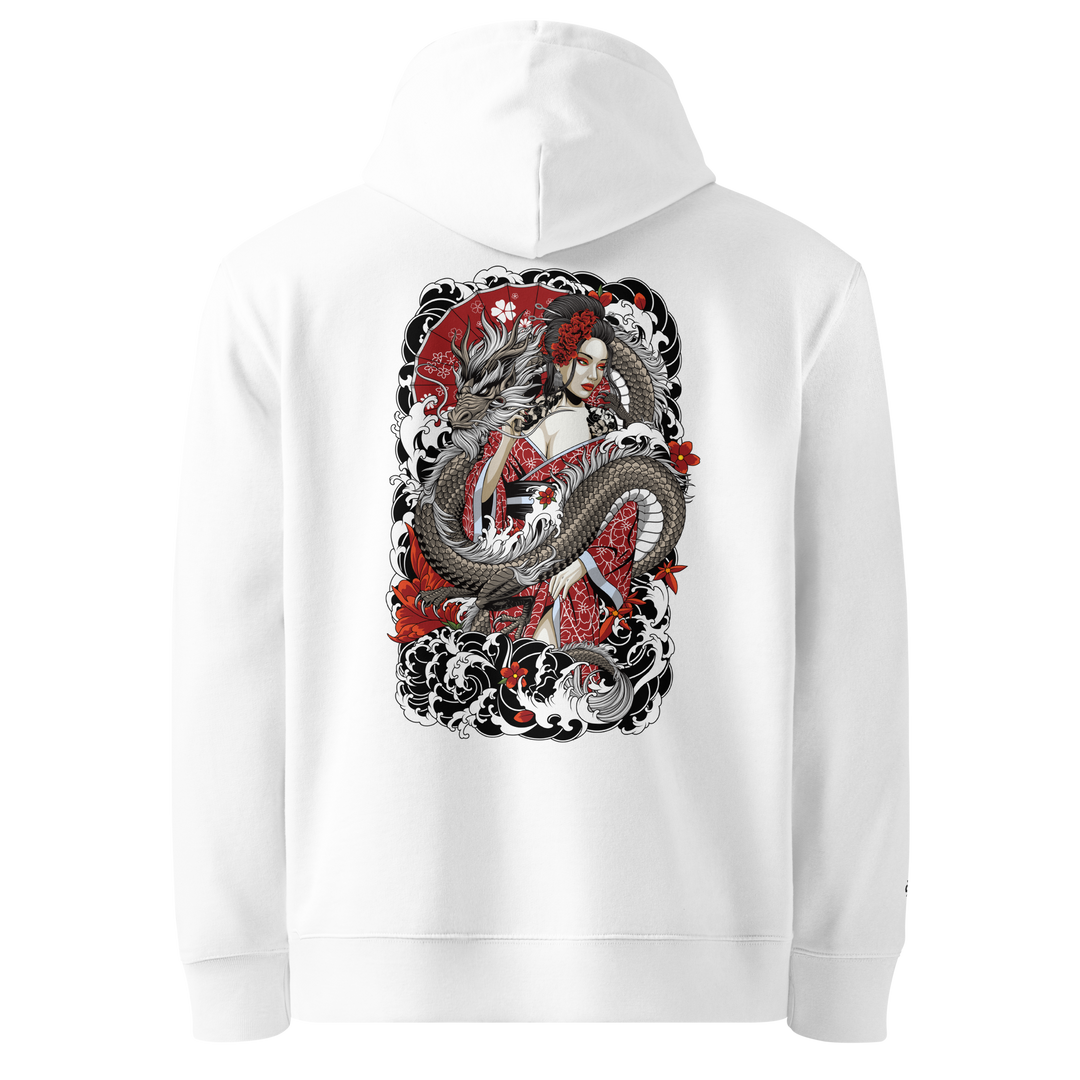 Serpentine Grace Graphic Hoodie in White with a striking back print of a Geisha and dragon.