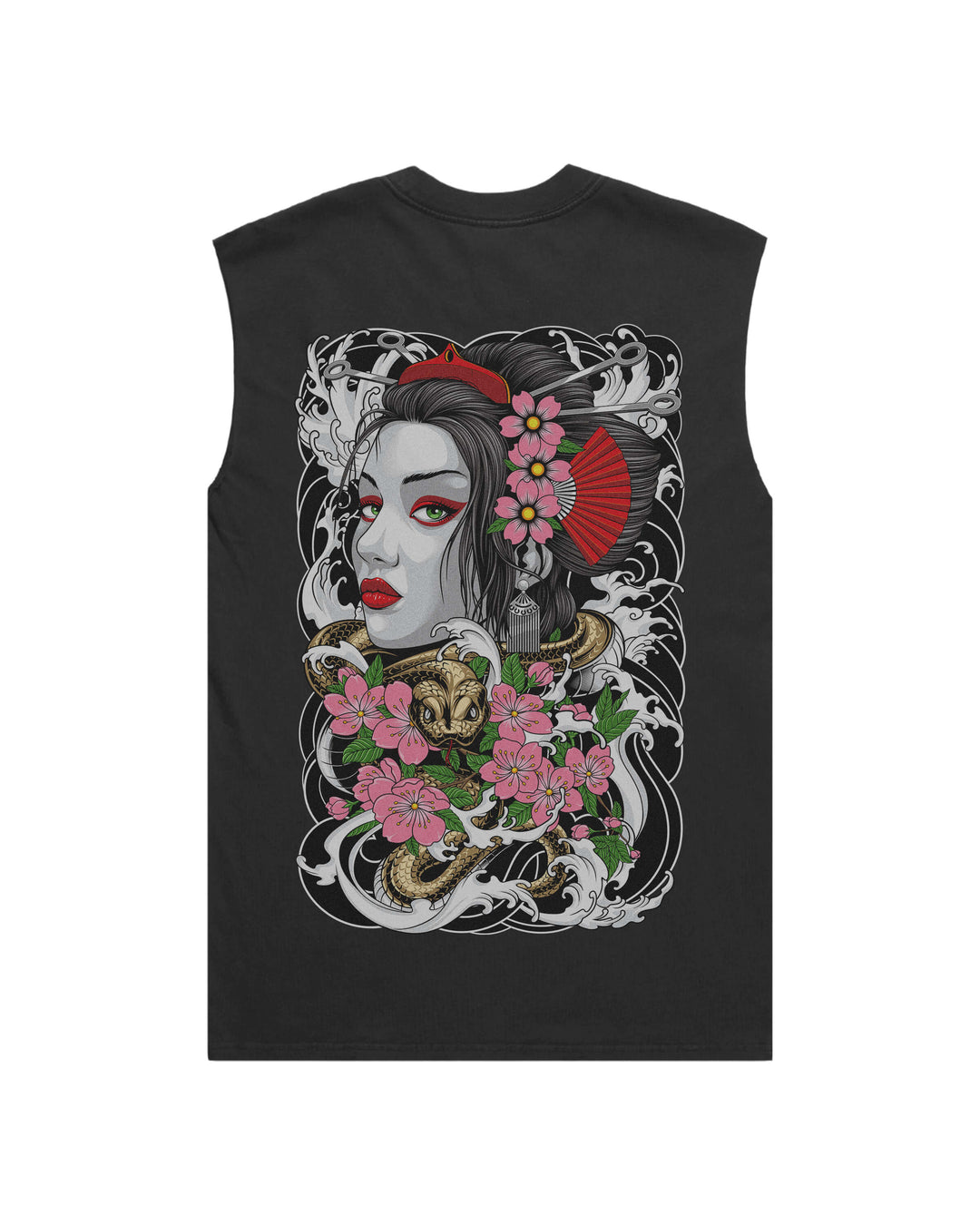 Serpents Geisha Faded Black men’s graphic tank top features original in-house artwork inspired by Irezumi. The design combines geisha, snake and clouds, drawing from Japanese tattoo art, folklore and traditional illustration.
