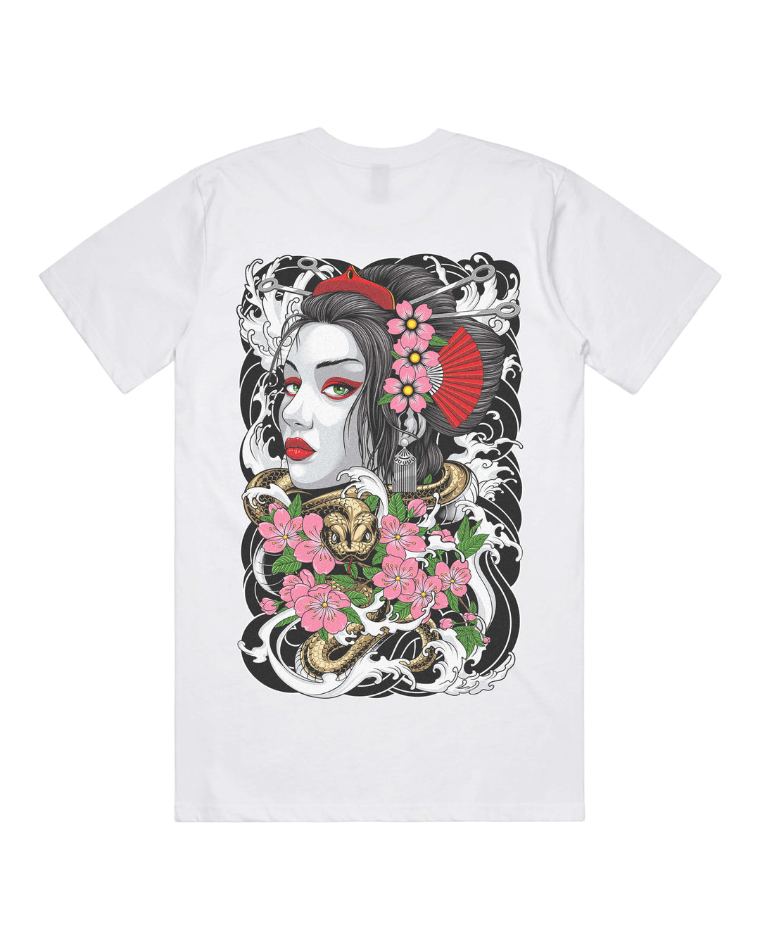White graphic t-shirt with large irezumi geisha back print