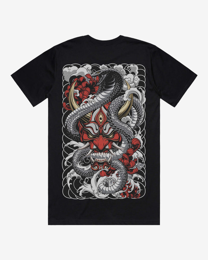 Red Oni Mask Relaxed Fit Graphic Tee With Large Japanese Tattoo Inspired Back Print