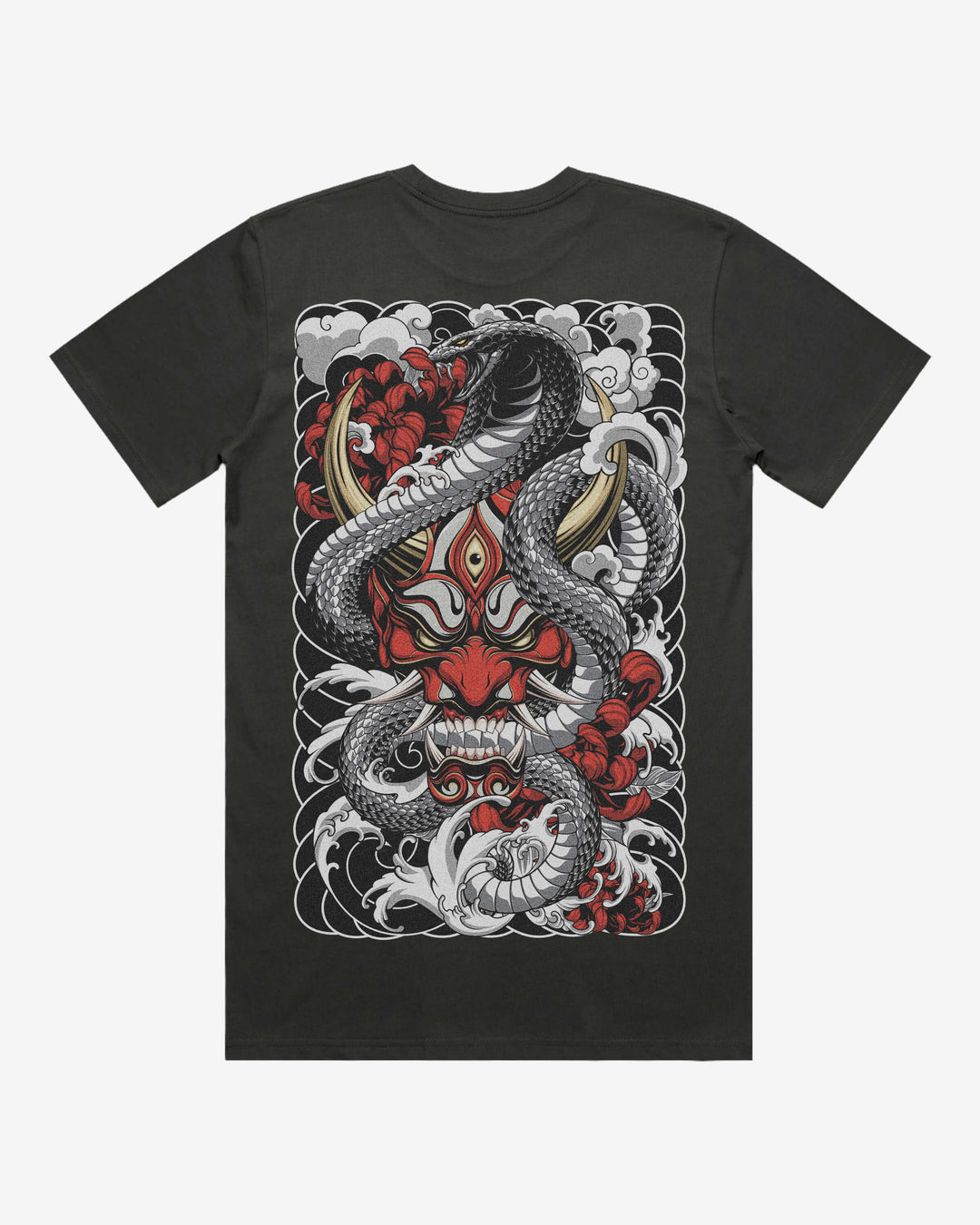 Red Oni Mask Relaxed Fit Graphic Tee With Large Japanese Tattoo Inspired Back Print