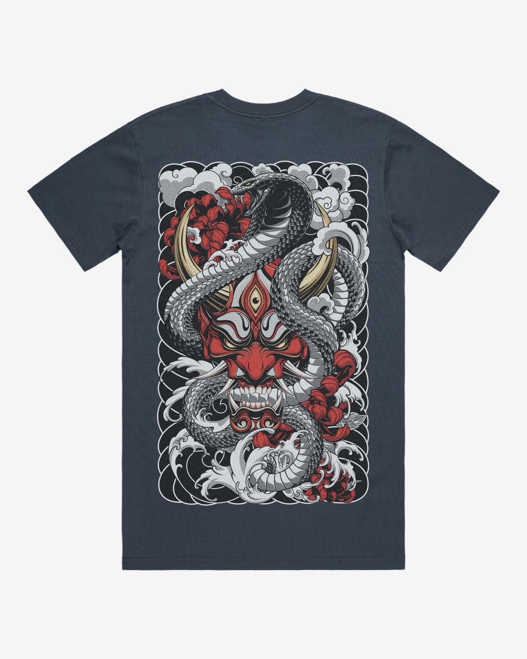 Red Oni Mask Relaxed Fit Graphic Tee With Large Japanese Tattoo Inspired Back Print