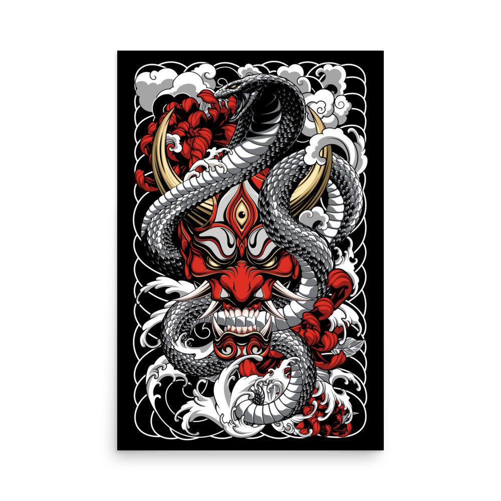 Red Oni Mask Poster With Tattoo Inspired Artwork