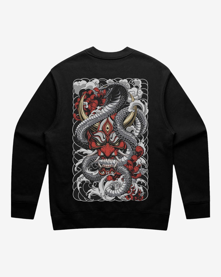 Red Oni Mask Relaxed Fit Graphic Sweatshirt With Large Tattoo Inspired Back Print